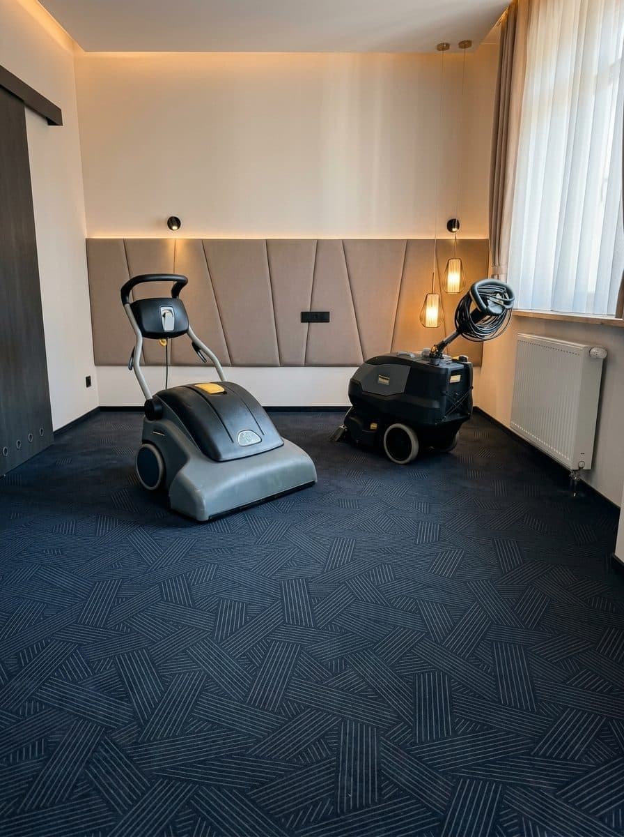 Profesjonalne czyszczenie wykładziny maszynami Kärcher w nowoczesnym pokoju hotelowym